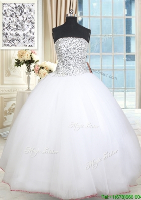 Simple Really Puffy Beaded Bodice Strapless Tulle Quinceanera Dress in White