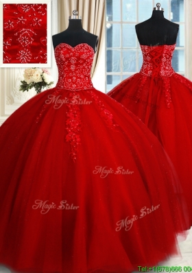 Modern Big Puffy Tulle Red Quinceanera Dress with Appliques and Beading