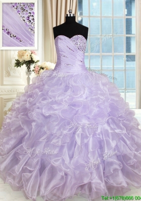 Modest Beaded and Ruffled Sweetheart Lavender Quinceanera Dress in Organza