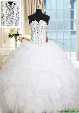 New Arrivals Visible Boning V Neck Beaded Bodice Ruffled White Quinceanera Dress