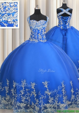 Classical Really Puffy Beaded and Applique Straps Quinceanera Dress in Blue