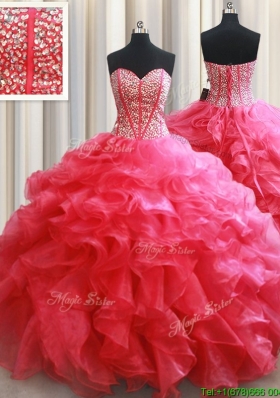 Pretty Visible Boning Beaded Bodice and Ruffled Quinceanera Dress in Coral Red
