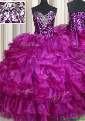 Visible Boning Beaded and Sequined Organza Purple Quinceanera Dress with Ruffles