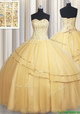New Style Visible Boning Sequined and Beaded Bodice Tulle Quinceanera Dress in Gold