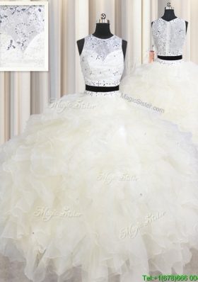 Two Piece See Through Scoop Champagne Quinceanera Dress with Beading and Ruffles