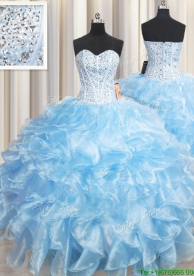 Unique Visible Boning Organza Beaded Bodice and Ruffled Light Blue Quinceanera Dress