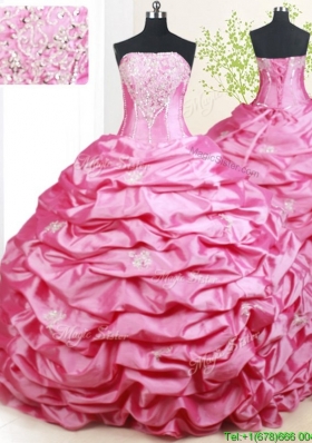 Pretty Strapless Brush Train Pick Ups Hot Pink Quinceanera Dress in Taffeta