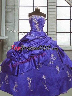 Purple Ball Gown Prom Dress Military Ball and Sweet 16 and Quinceanera with Appliques and Pick Ups Strapless Sleeveless Zipper