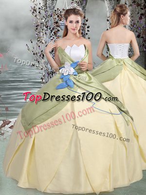Perfect Scalloped Sleeveless Quinceanera Gown Floor Length Ruching and Hand Made Flower Multi-color Taffeta