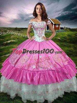 Rose Pink Ball Gown Prom Dress Military Ball and Sweet 16 and Quinceanera with Beading and Embroidery and Ruffled Layers Off The Shoulder Sleeveless Lace Up