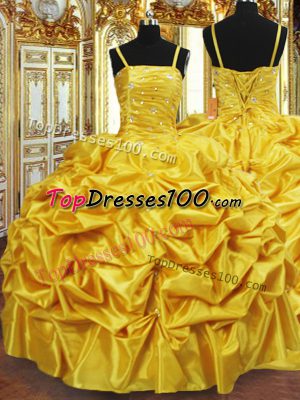 Gold Taffeta Lace Up Quince Ball Gowns Sleeveless Floor Length Beading and Pick Ups