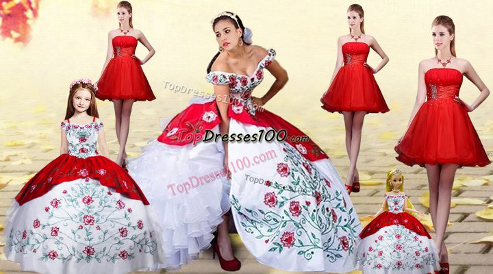 Shining Ball Gowns Sleeveless White And Red Quinceanera Dress Brush Train Lace Up