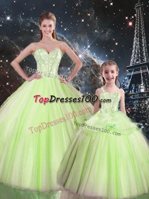 Pretty Sweetheart Sleeveless Lace Up Quinceanera Gowns Yellow Green Tulle