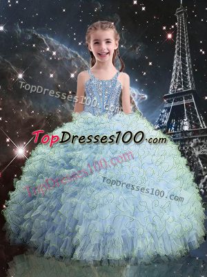 Luxurious Light Blue Organza Lace Up Little Girls Pageant Gowns Sleeveless Floor Length Beading and Ruffles