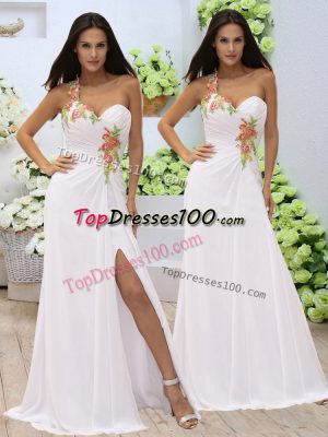 White Elastic Woven Satin Zipper Sweetheart Sleeveless Floor Length Prom Dress Appliques and Ruching