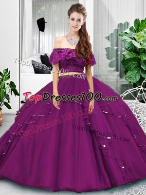 Elegant Eggplant Purple Off The Shoulder Neckline Lace and Ruffles Quinceanera Dresses Sleeveless Lace Up