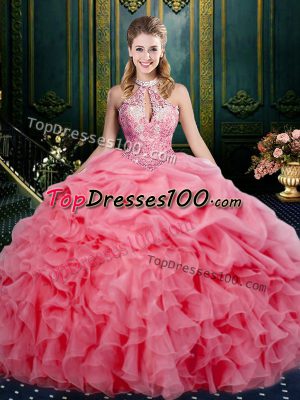Watermelon Red Ball Gowns Organza Halter Top Sleeveless Beading and Ruffles and Pick Ups Floor Length Lace Up Ball Gown Prom Dress