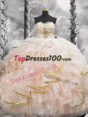 Peach Organza Lace Up Quinceanera Gowns Sleeveless Brush Train Beading and Ruffles