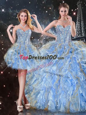 Light Blue Sleeveless Floor Length Beading and Ruffles Lace Up Sweet 16 Dress