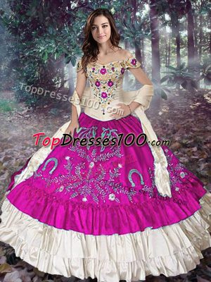 Luxurious Fuchsia Ball Gowns Taffeta Off The Shoulder Sleeveless Embroidery and Ruffled Layers Floor Length Lace Up Sweet 16 Dress