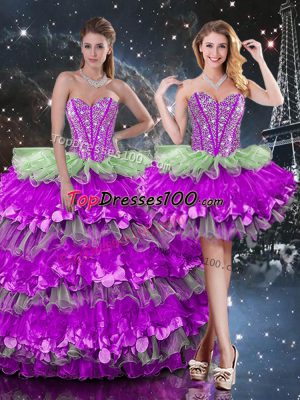 Romantic Organza Sweetheart Sleeveless Lace Up Beading and Ruffles and Ruffled Layers Ball Gown Prom Dress in Multi-color