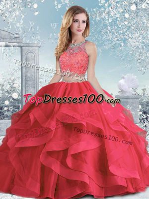 Designer Sleeveless Organza Floor Length Clasp Handle Sweet 16 Quinceanera Dress in Coral Red with Beading and Ruffles