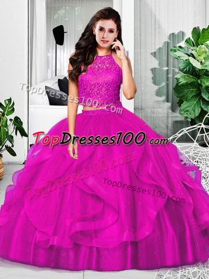 Pretty Fuchsia Two Pieces Halter Top Sleeveless Tulle Floor Length Zipper Lace and Ruffles Quinceanera Gowns