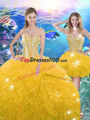 Custom Fit Sleeveless Floor Length Beading and Ruffles Lace Up Quinceanera Gown with Gold