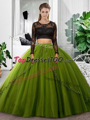 Floor Length Olive Green 15th Birthday Dress Scoop Long Sleeves Backless