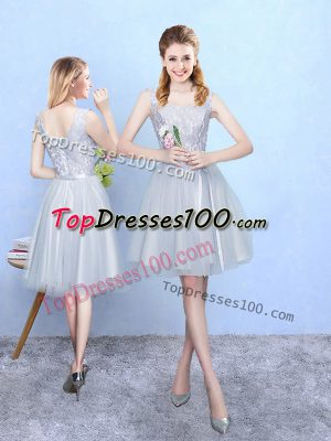 Beautiful Silver Empire Lace Dama Dress Lace Up Tulle Sleeveless Knee Length