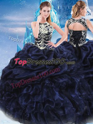 Beauteous Navy Blue Sweet 16 Dresses Military Ball and Sweet 16 and Quinceanera with Appliques and Ruffles and Pick Ups High-neck Sleeveless Lace Up
