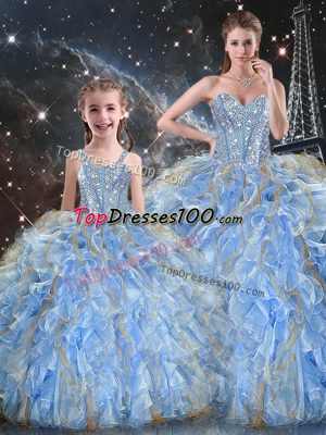 Light Blue Sleeveless Organza Lace Up Sweet 16 Dress for Military Ball and Sweet 16 and Quinceanera