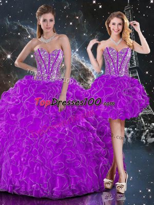 Luxurious Floor Length Purple Sweet 16 Dresses Organza Sleeveless Beading and Ruffles