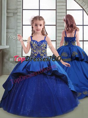 Fashion Brush Train Ball Gowns Girls Pageant Dresses Royal Blue Spaghetti Straps Taffeta and Tulle Sleeveless Lace Up