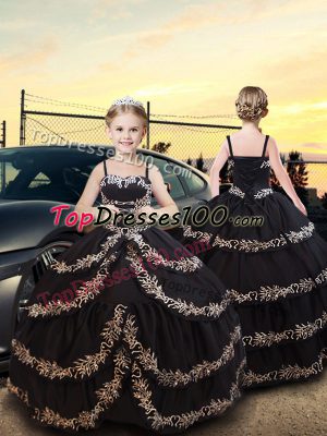 Black Taffeta Lace Up Spaghetti Straps Sleeveless Floor Length Pageant Gowns For Girls Embroidery and Ruffled Layers