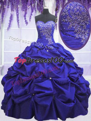 Dynamic Navy Blue Ball Gowns Sweetheart Sleeveless Taffeta Floor Length Lace Up Beading and Pick Ups Sweet 16 Dresses