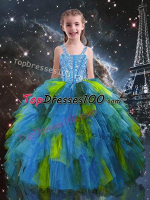 Customized Straps Sleeveless Tulle Kids Pageant Dress Beading and Ruffles Lace Up