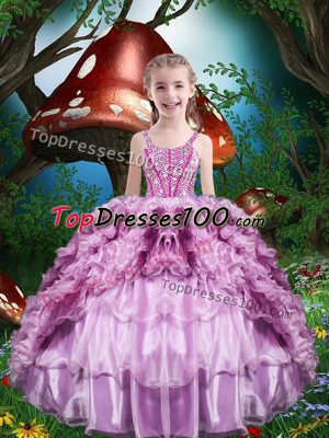 Custom Designed Straps Sleeveless Organza Little Girls Pageant Gowns Beading and Ruffles and Ruffled Layers Lace Up