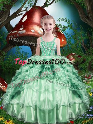 Lovely Apple Green Ball Gowns Beading and Ruffles and Ruffled Layers Little Girls Pageant Gowns Lace Up Organza Sleeveless Floor Length