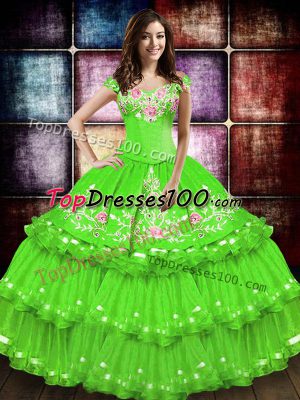 Luxurious Floor Length Quince Ball Gowns Taffeta Sleeveless Embroidery and Ruffled Layers