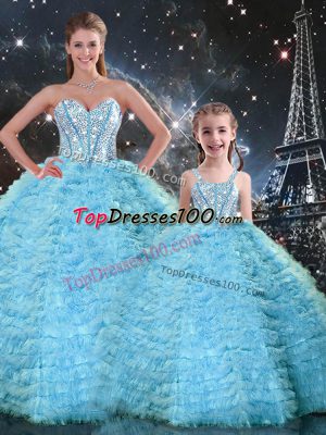 Tulle Sweetheart Sleeveless Lace Up Beading and Ruffles 15th Birthday Dress in Light Blue
