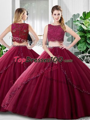 Luxurious Sleeveless Floor Length Lace and Ruching Zipper Sweet 16 Dress with Burgundy