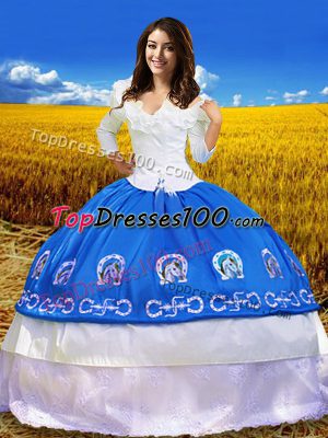 Embroidery Quince Ball Gowns Blue Lace Up 3 4 Length Sleeve Floor Length