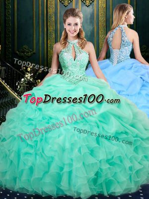 Customized Halter Top Sleeveless Organza Quinceanera Gowns Beading and Ruffles and Pick Ups Lace Up