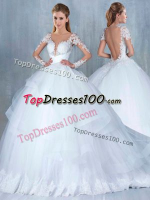 V-neck Long Sleeves Bridal Gown Court Train Lace and Appliques and Ruffles White Tulle