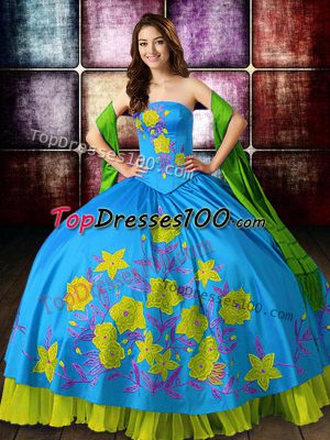 Pretty Multi-color Ball Gowns Satin Strapless Sleeveless Embroidery Floor Length Lace Up Sweet 16 Dresses