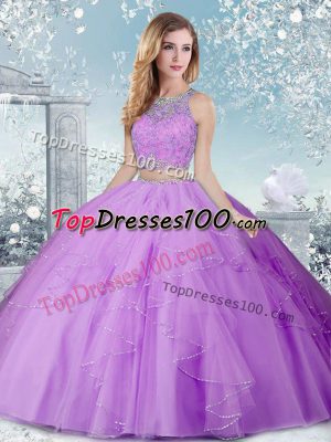 Fashion Scoop Sleeveless Vestidos de Quinceanera Floor Length Beading Lavender Tulle
