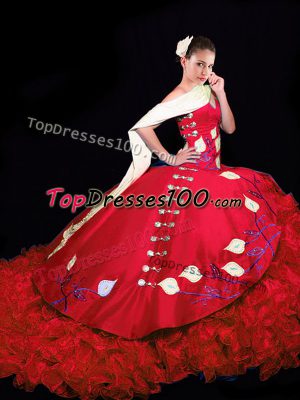 Designer Red Ball Gowns Taffeta V-neck Sleeveless Embroidery and Ruffles Lace Up Quinceanera Dresses Brush Train