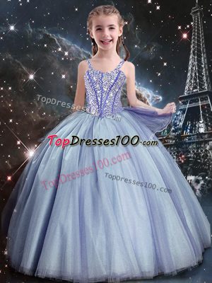 Customized Floor Length Ball Gowns Sleeveless Light Blue Girls Pageant Dresses Lace Up