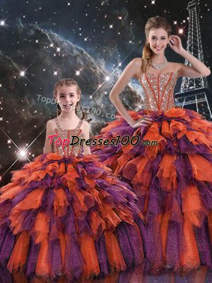 Pretty Floor Length Multi-color Sweet 16 Dress Organza Sleeveless Beading and Ruffles and Ruffled Layers